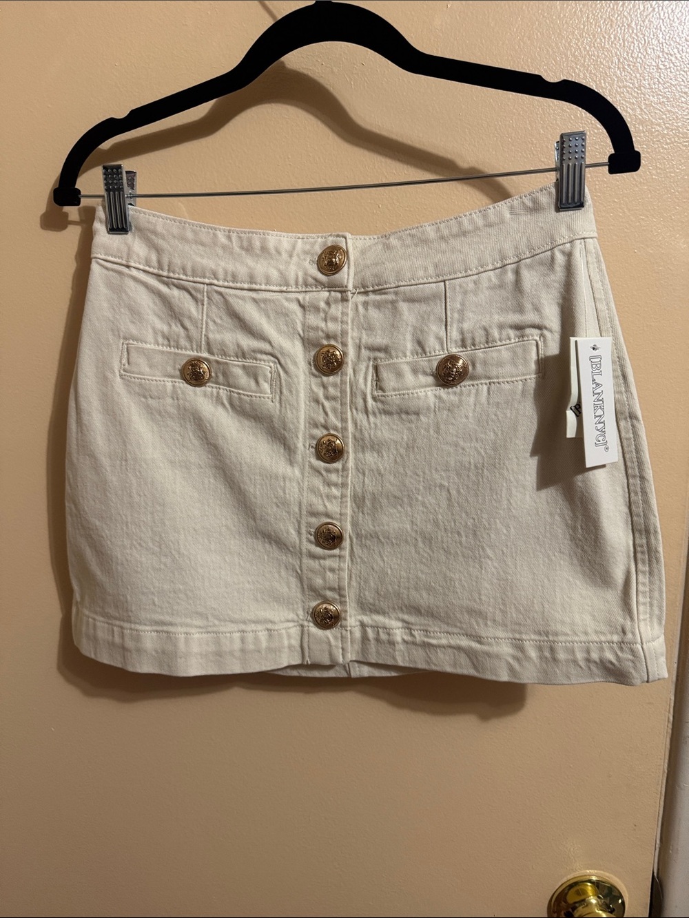 Blank NYC Cream Button-Front Mini Skirt with Gold Buttons